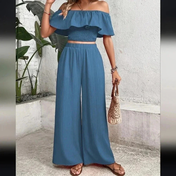 Women's Off-Shoulder Ruffle Trim Top And Wide Leg Pants Two Piece Set - Picture 1 of 6